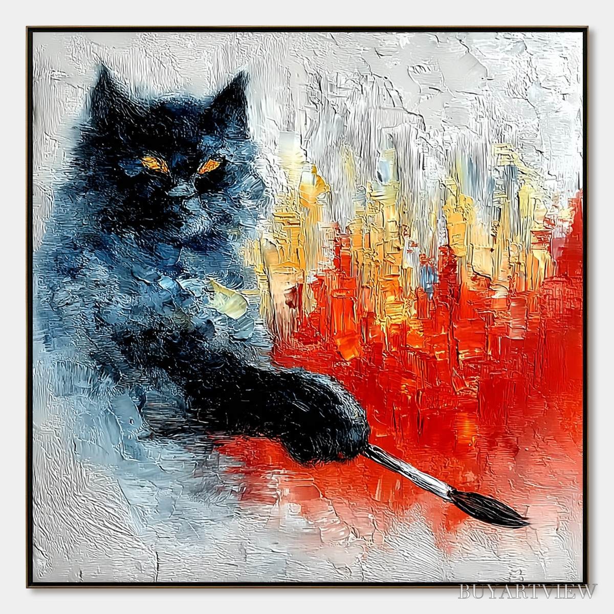 BUYARTVIEW Midnight Painter – Textured Impasto Black Cat Painting with Abstract Colors - image 1
