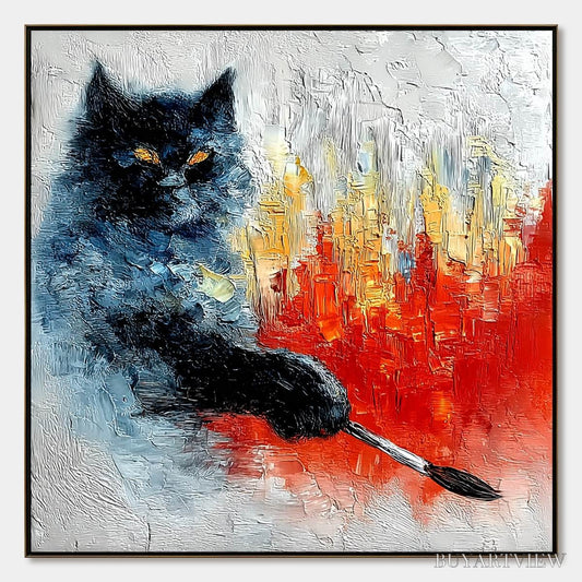 BUYARTVIEW Midnight Painter – Textured Impasto Black Cat Painting with Abstract Colors - image 1
