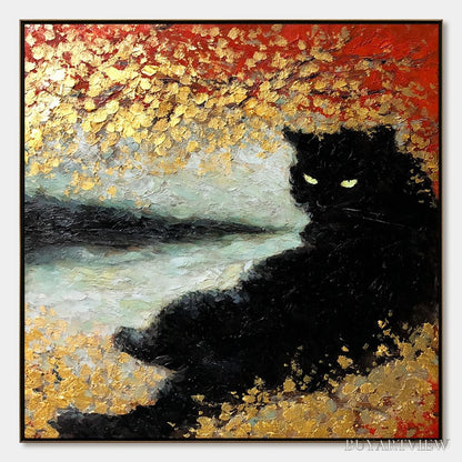 BUYARTVIEW Golden Gaze – Textured Impasto Black Cat Painting with Gold Leaf - image 1