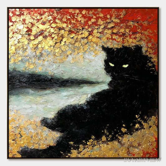BUYARTVIEW Golden Gaze – Textured Impasto Black Cat Painting with Gold Leaf - image 1