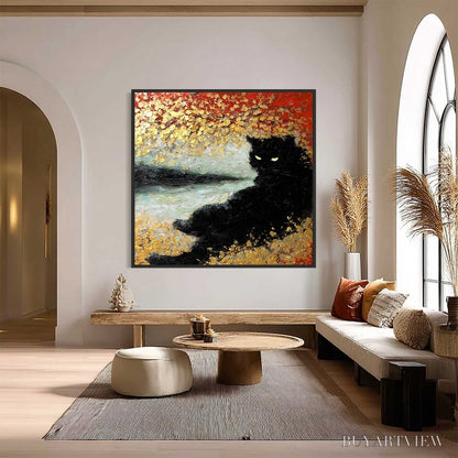BUYARTVIEW Golden Gaze – Textured Impasto Black Cat Painting with Gold Leaf - image 2