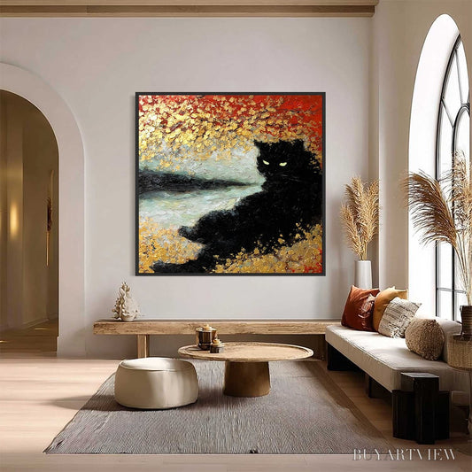 BUYARTVIEW Golden Gaze – Textured Impasto Black Cat Painting with Gold Leaf - image 2