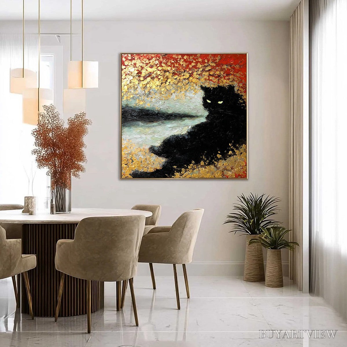 BUYARTVIEW Golden Gaze – Textured Impasto Black Cat Painting with Gold Leaf - image 4