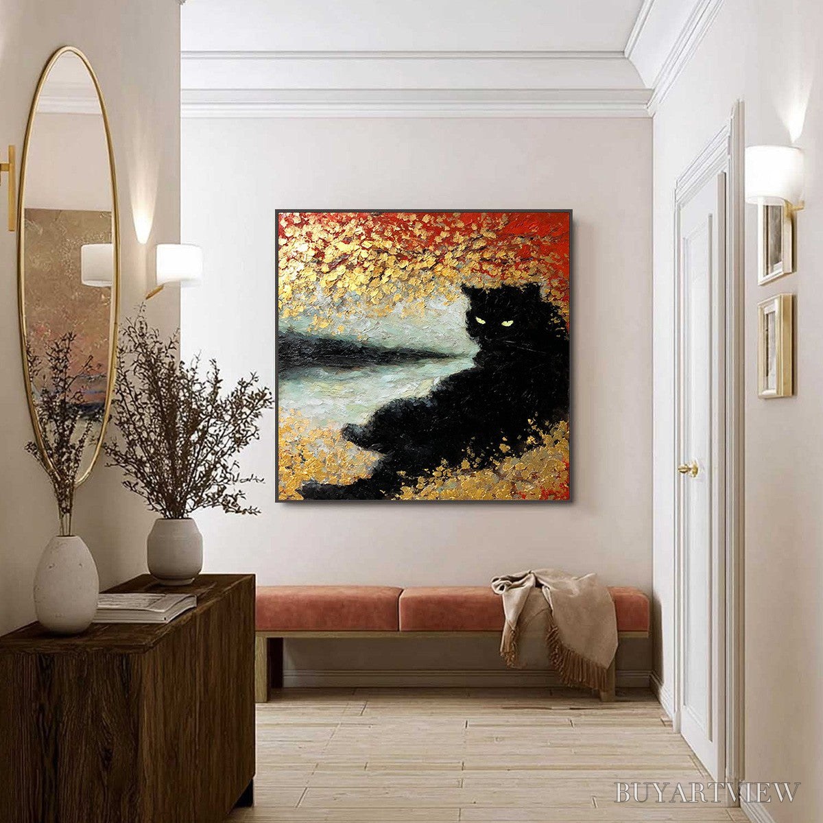 BUYARTVIEW Golden Gaze – Textured Impasto Black Cat Painting with Gold Leaf - image 6