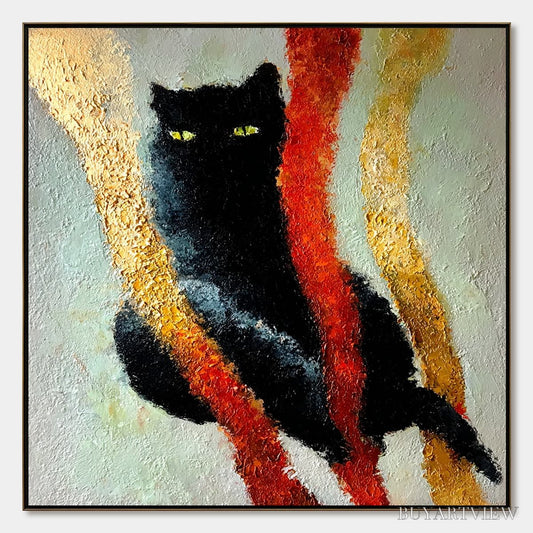 BUYARTVIEW Golden Gaze – Textured Impasto Black Cat Painting with Golden Accents - image 1