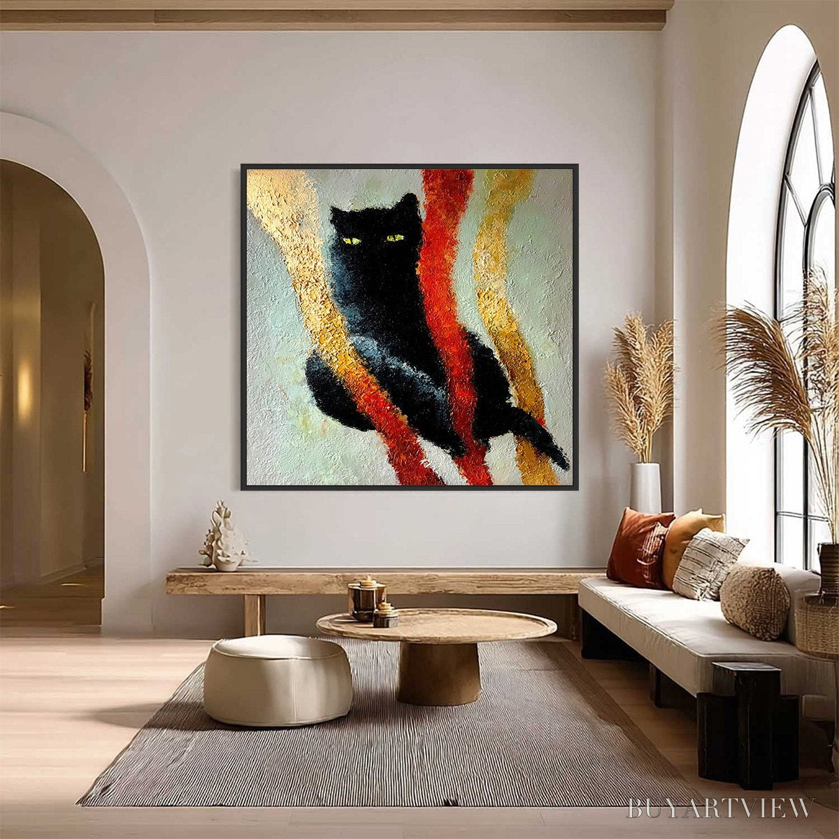 BUYARTVIEW Golden Gaze – Textured Impasto Black Cat Painting with Golden Accents - image 2