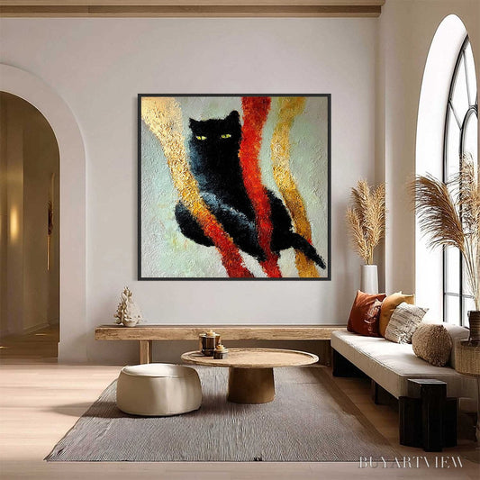 BUYARTVIEW Golden Gaze – Textured Impasto Black Cat Painting with Golden Accents - image 2