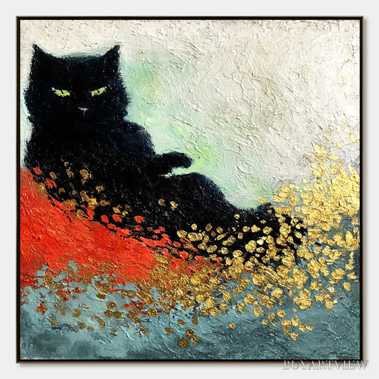 BUYARTVIEW Midnight Reign – Abstract Black Cat Painting with Gold Leaf Texture - image 1