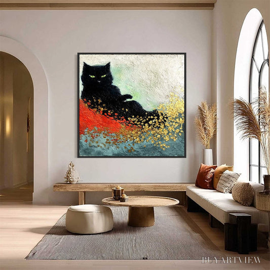 BUYARTVIEW Midnight Reign – Abstract Black Cat Painting with Gold Leaf Texture - image 2