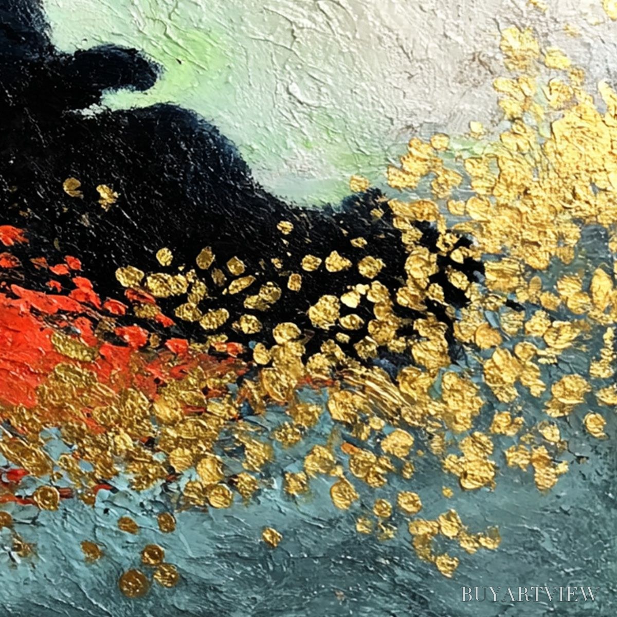 BUYARTVIEW Midnight Reign – Abstract Black Cat Painting with Gold Leaf Texture - image 3