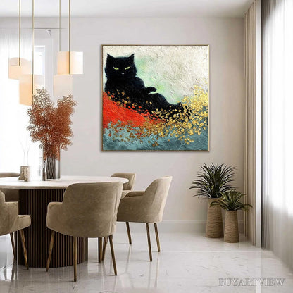 BUYARTVIEW Midnight Reign – Abstract Black Cat Painting with Gold Leaf Texture - image 4