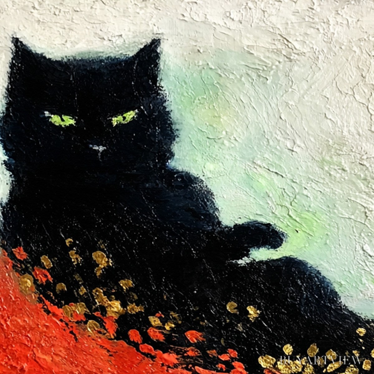BUYARTVIEW Midnight Reign – Abstract Black Cat Painting with Gold Leaf Texture - image 5
