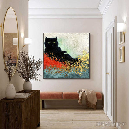 BUYARTVIEW Midnight Reign – Abstract Black Cat Painting with Gold Leaf Texture - image 6