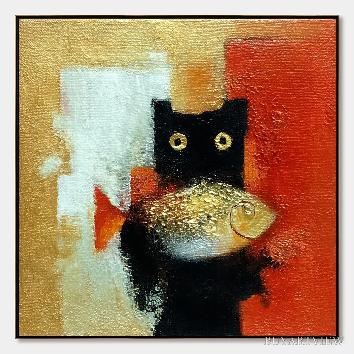BUYARTVIEW the Golden Catch – Whimsical Abstract Black Cat with Golden Fish Painting - image 1