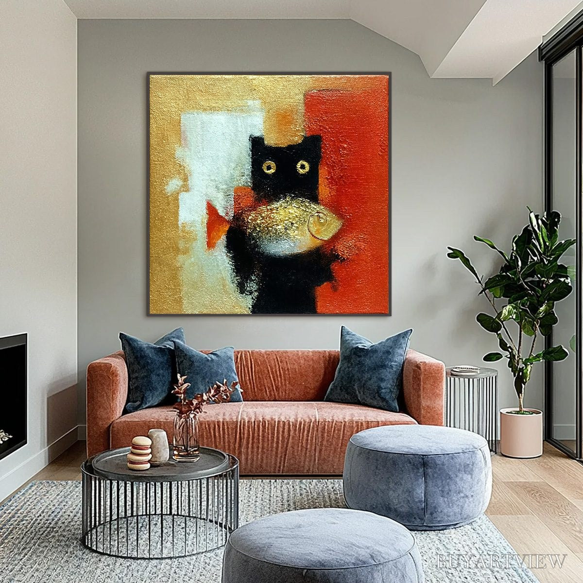 BUYARTVIEW the Golden Catch – Whimsical Abstract Black Cat with Golden Fish Painting - image 2