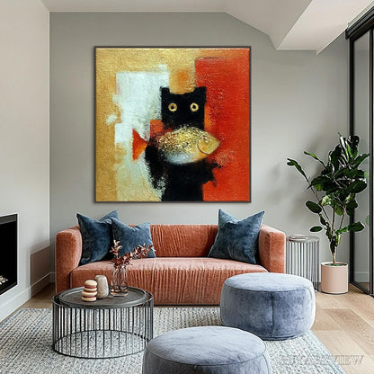 BUYARTVIEW the Golden Catch – Whimsical Abstract Black Cat with Golden Fish Painting - image 2