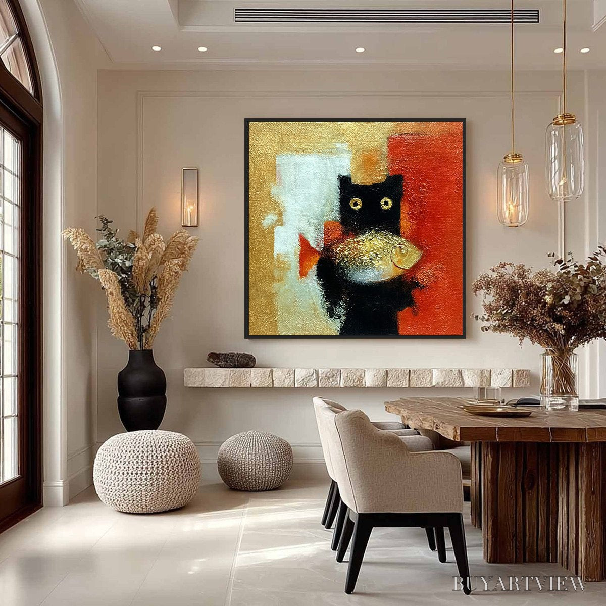 BUYARTVIEW the Golden Catch – Whimsical Abstract Black Cat with Golden Fish Painting - image 4