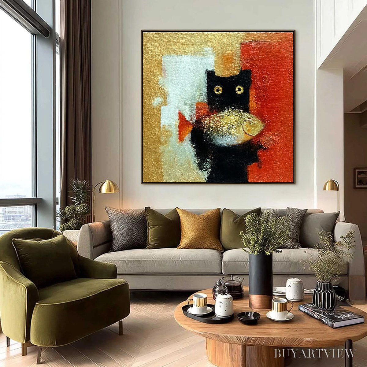 BUYARTVIEW the Golden Catch – Whimsical Abstract Black Cat with Golden Fish Painting - image 6