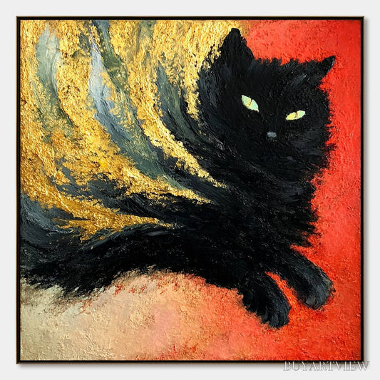 BUYARTVIEW Ember Eyes – Bold Abstract Black Cat Painting with Gold Leaf - image 1