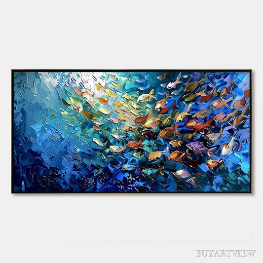 BUYARTVIEW Oceanic Convergence – Textured Impasto Painting of a Vibrant School of Fish - image 1