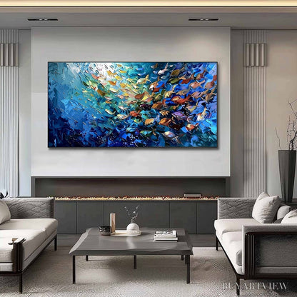 BUYARTVIEW Oceanic Convergence – Textured Impasto Painting of a Vibrant School of Fish - image 2