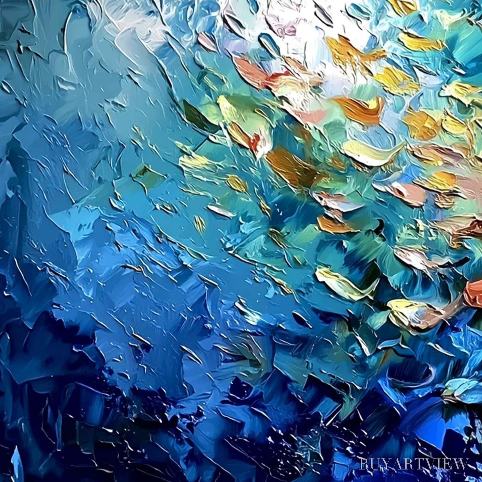 BUYARTVIEW Oceanic Convergence – Textured Impasto Painting of a Vibrant School of Fish - image 3