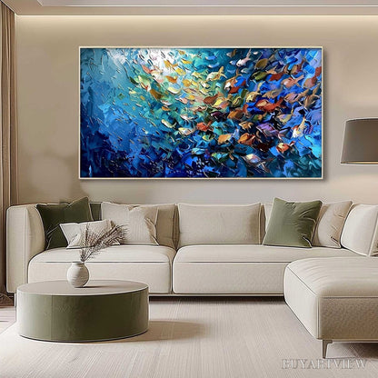 BUYARTVIEW Oceanic Convergence – Textured Impasto Painting of a Vibrant School of Fish - image 4