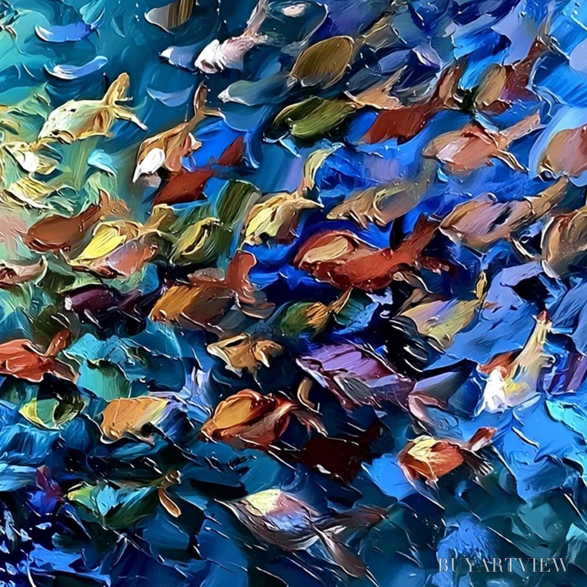 BUYARTVIEW Oceanic Convergence – Textured Impasto Painting of a Vibrant School of Fish - image 5