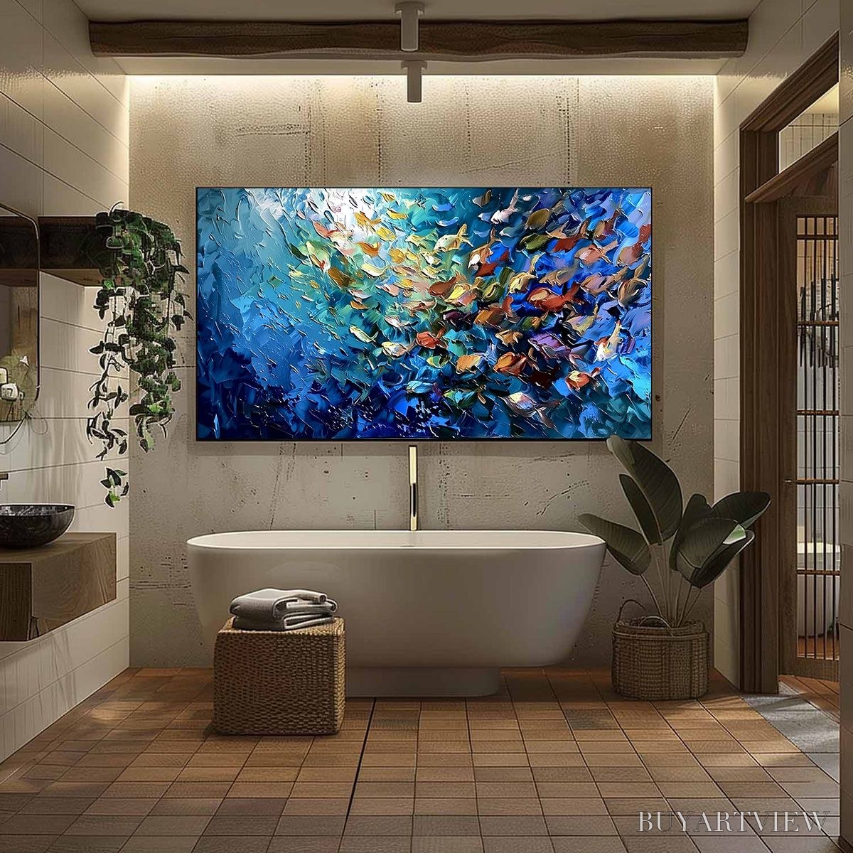 BUYARTVIEW Oceanic Convergence – Textured Impasto Painting of a Vibrant School of Fish - image 6