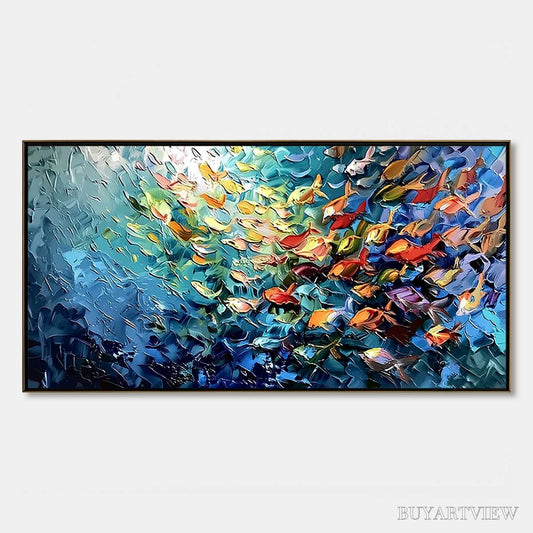 BUYARTVIEW Oceanic Rush – Textured Palette Knife Painting of a School of Fish - image 1