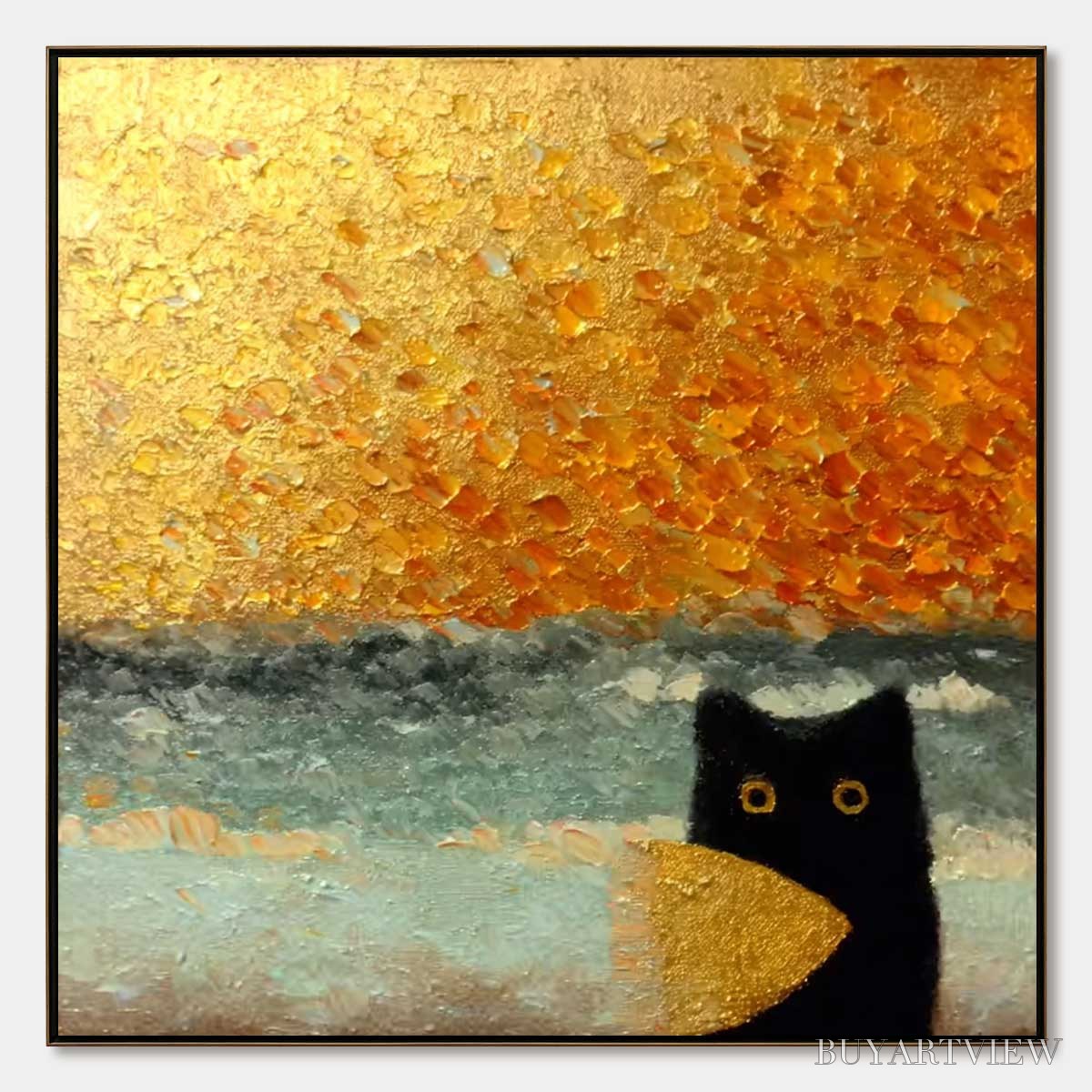 BUYARTVIEW Golden Catch – Textured Gold Leaf Abstract Cat Painting - image 1