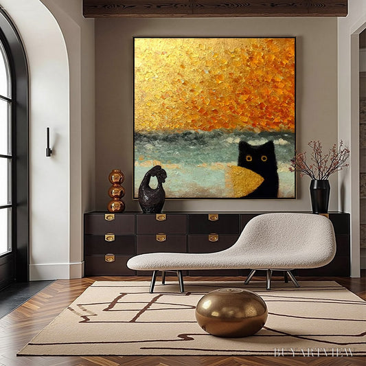 BUYARTVIEW Golden Catch – Textured Gold Leaf Abstract Cat Painting - image 2