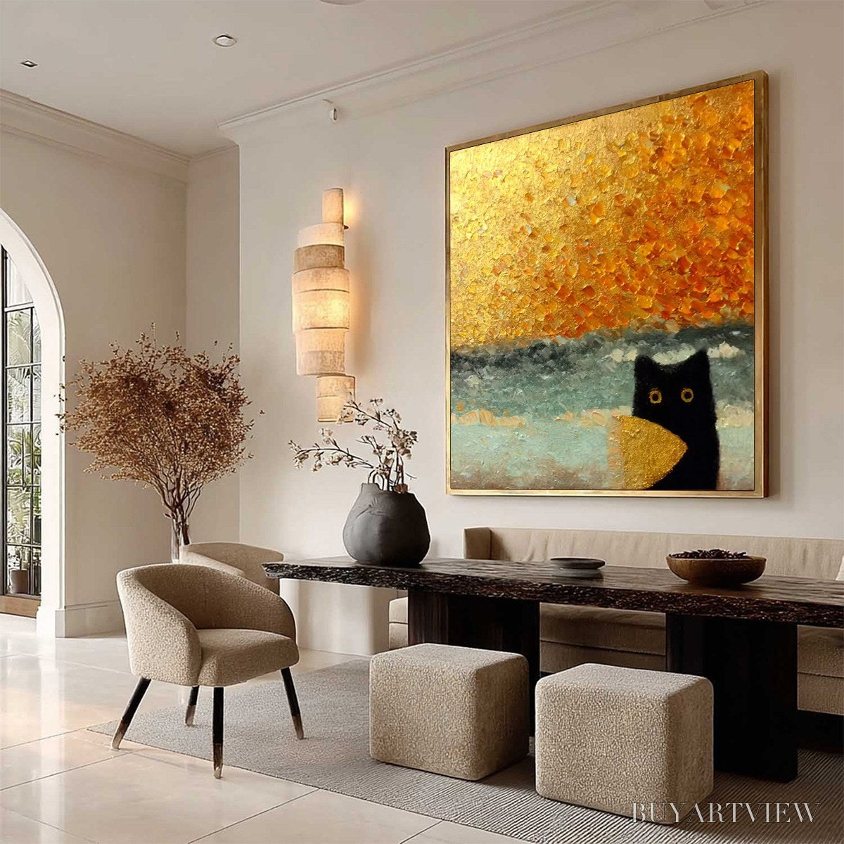 BUYARTVIEW Golden Catch – Textured Gold Leaf Abstract Cat Painting - image 5