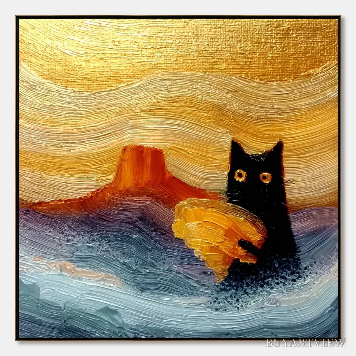 BUYARTVIEW Lunar Thief – Whimsical Black Cat Impasto Texture Painting - image 1