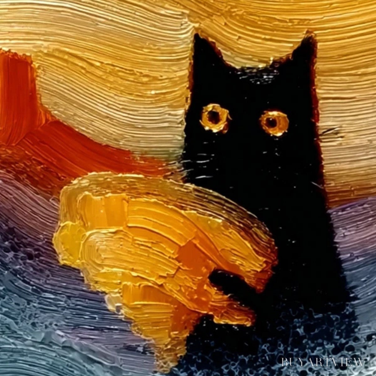 BUYARTVIEW Lunar Thief – Whimsical Black Cat Impasto Texture Painting - image 3