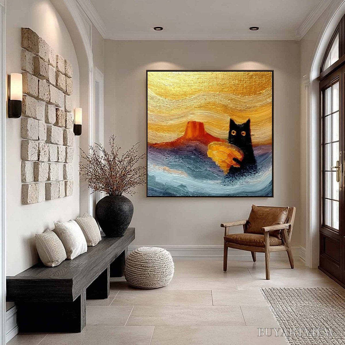 BUYARTVIEW Lunar Thief – Whimsical Black Cat Impasto Texture Painting - image 4