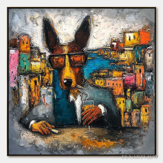 BUYARTVIEW the Chairman – Textured Impasto Painting of a Dapper Dog in the City - image 1