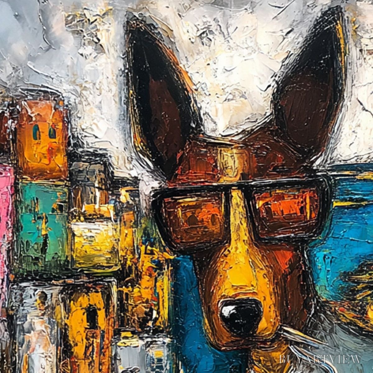 BUYARTVIEW the Chairman – Textured Impasto Painting of a Dapper Dog in the City - image 3