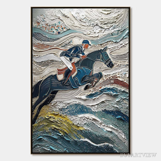 BUYARTVIEW Victory'S Edge – Heavily Textured Impasto Equestrian Sports Painting - image 1