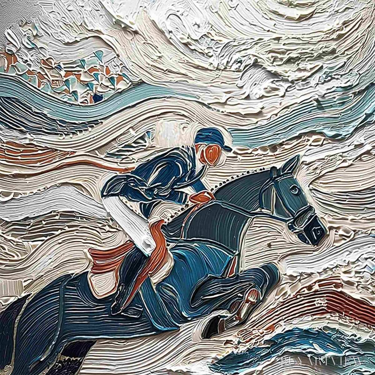 BUYARTVIEW Victory'S Edge – Heavily Textured Impasto Equestrian Sports Painting - image 3