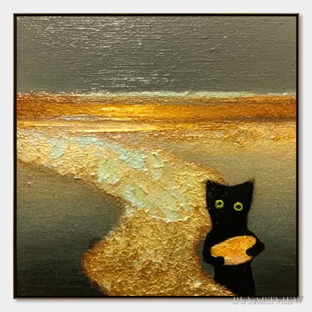 BUYARTVIEW A Cat'S Treasure – Textured Impasto Painting of a Whimsical Black Cat - image 1