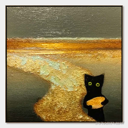 BUYARTVIEW A Cat'S Treasure – Textured Impasto Painting of a Whimsical Black Cat - image 1
