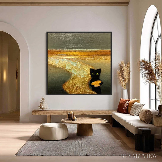 BUYARTVIEW A Cat'S Treasure – Textured Impasto Painting of a Whimsical Black Cat - image 2