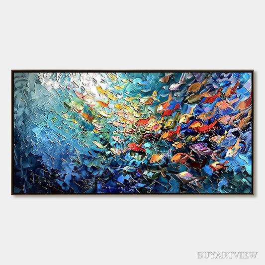 BUYARTVIEW River of Life – Colorful Abstract Fish School Impasto Oil Painting - image 1