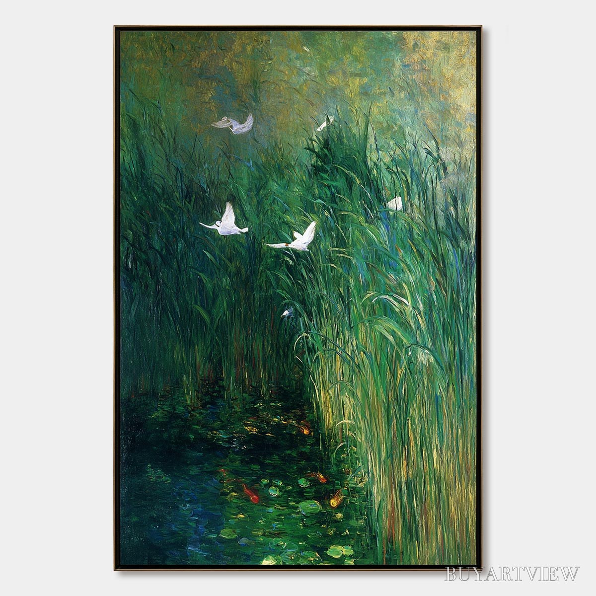 BUYARTVIEW Emerald Flight – Vibrant Nature Painting of Birds Over a Serene Pond - image 1
