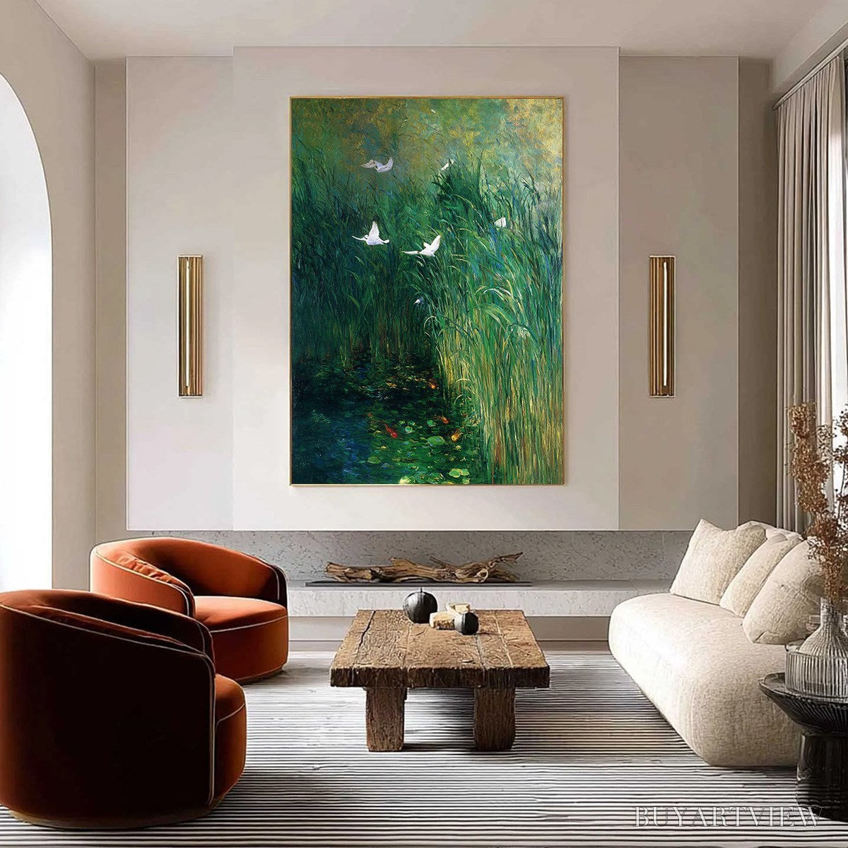 BUYARTVIEW Emerald Flight – Vibrant Nature Painting of Birds Over a Serene Pond - image 2