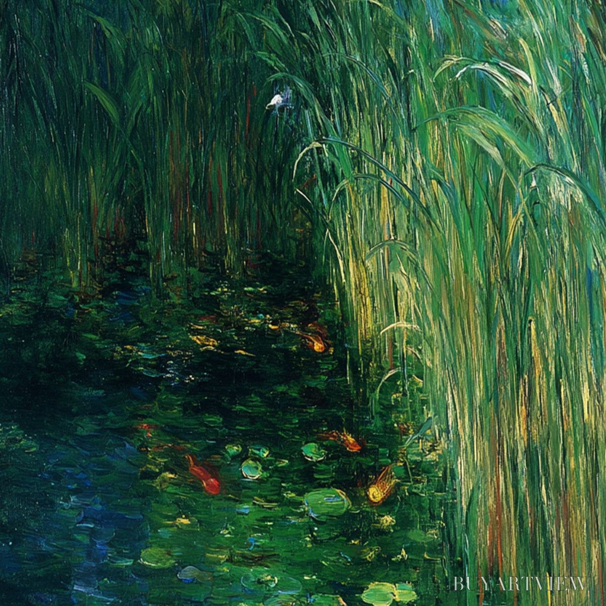 BUYARTVIEW Emerald Flight – Vibrant Nature Painting of Birds Over a Serene Pond - image 3