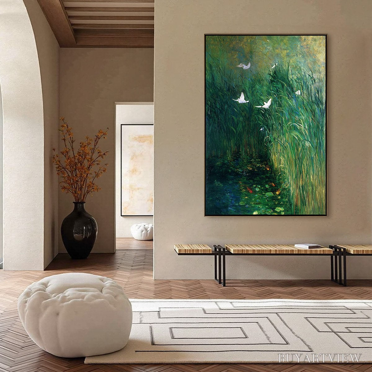 BUYARTVIEW Emerald Flight – Vibrant Nature Painting of Birds Over a Serene Pond - image 4