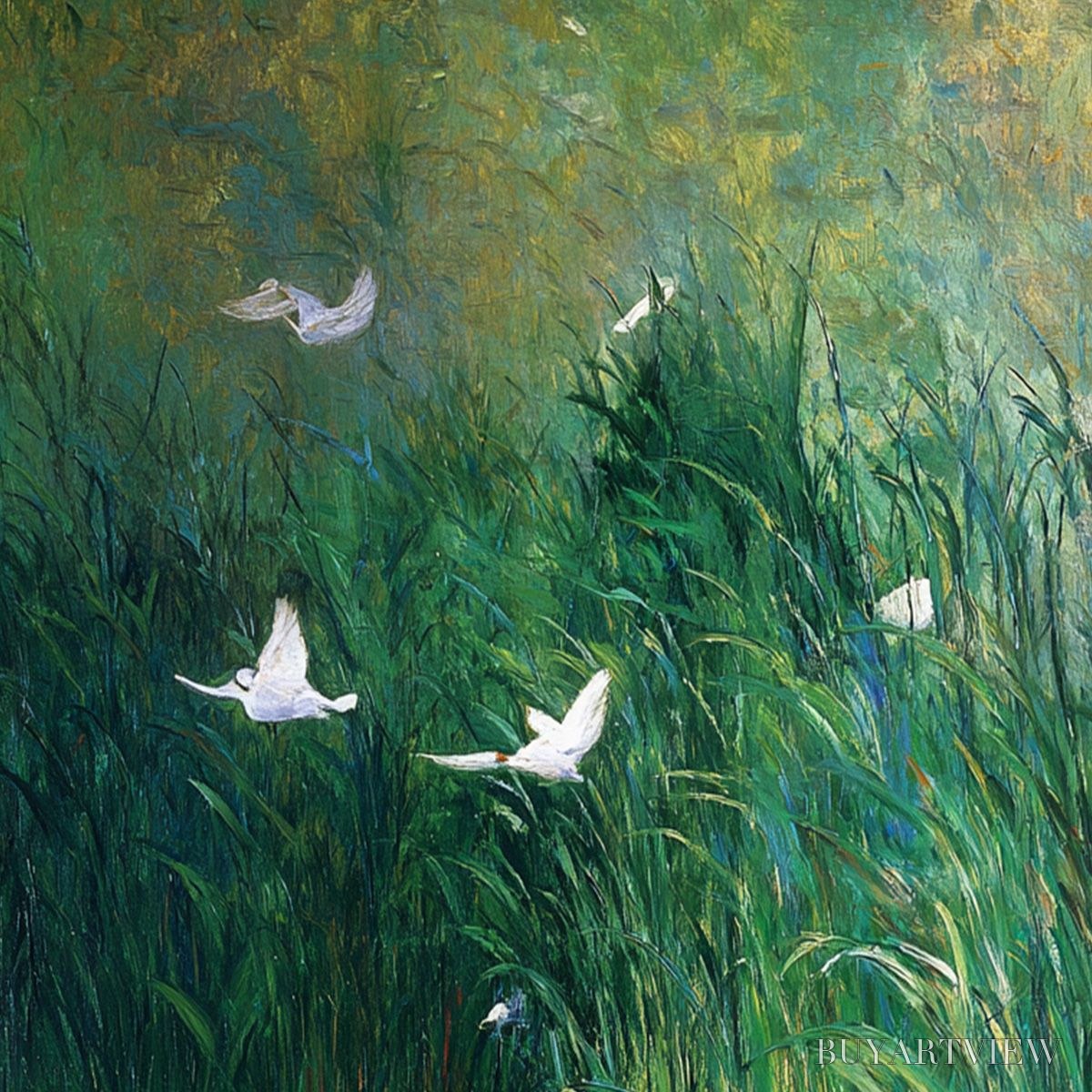 BUYARTVIEW Emerald Flight – Vibrant Nature Painting of Birds Over a Serene Pond - image 5