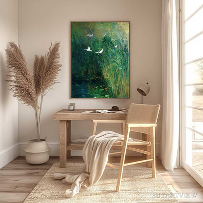 BUYARTVIEW Emerald Flight – Vibrant Nature Painting of Birds Over a Serene Pond - image 6